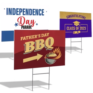 Custom printed Lawn/Yard Signs with bold full-color graphics for real estate, political campaigns, business advertising, events, directional signage, and outdoor promotions by Print Cafe USA.
