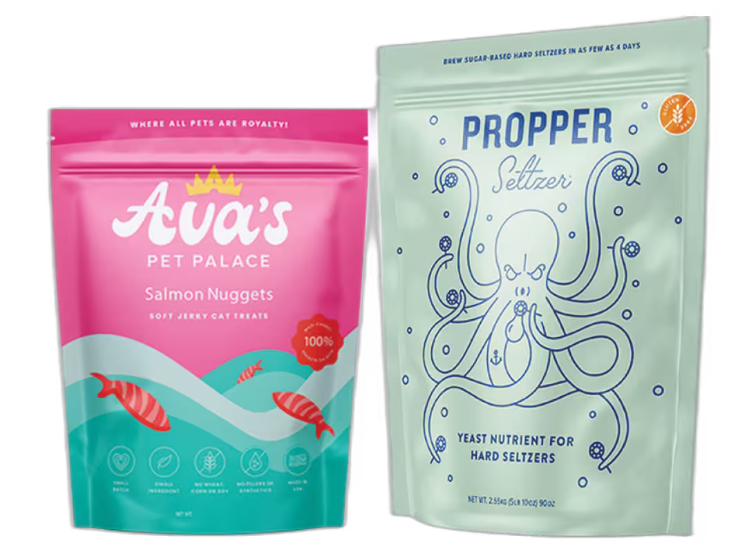 Custom stand-up pouches featuring full-color printed packaging, resealable design, and durable materials for food products, snacks, supplements, coffee, and retail merchandise packaging.