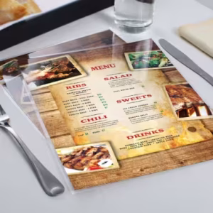 Full-color restaurant menus printed on durable premium paper for dine-in dining, food service establishments, cafés, pubs, and hospitality venues by Print Cafe USA.